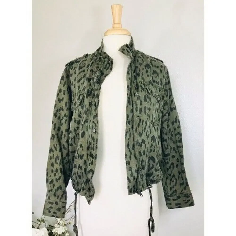 Rails Collins Jacket Linen Green Moto Utility Leopard Print Anthropologie , XS - Picture 2 of 7